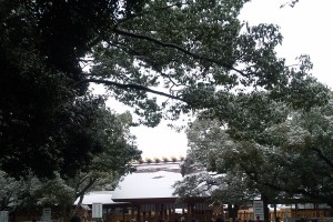 雪化粧の熱田神宮の本殿です